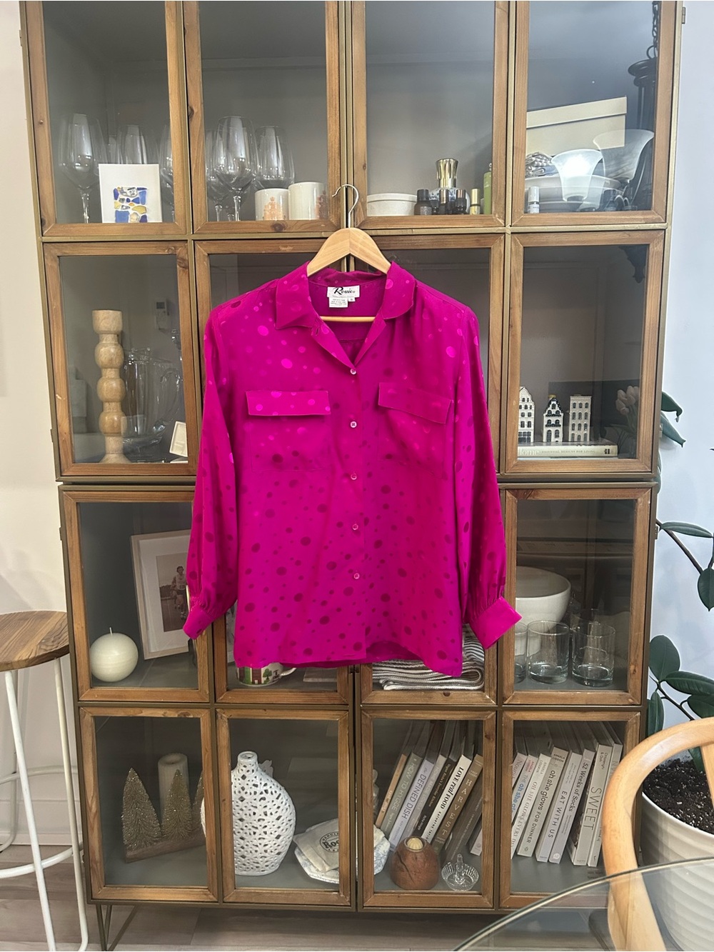 Vintage Rouie 100% Silk Button-Down Blouse in Fuchsia with Polka Dot Texture